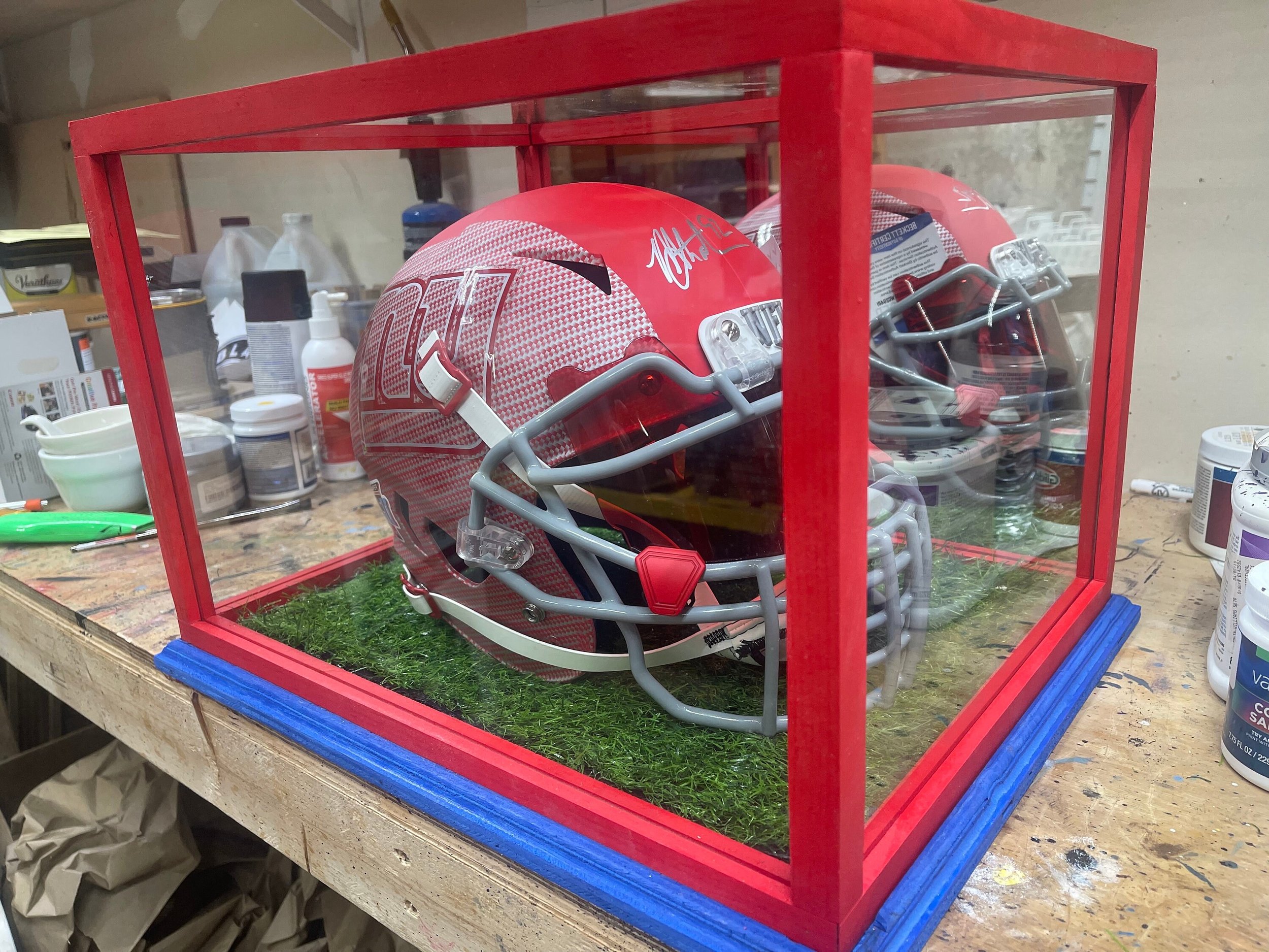 Custom handmade helmet display case with mirror, football memorabilia