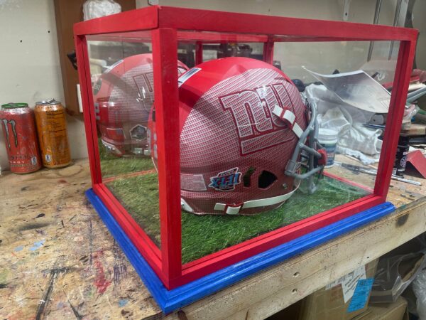 Custom handmade helmet display case with mirror, football memorabilia