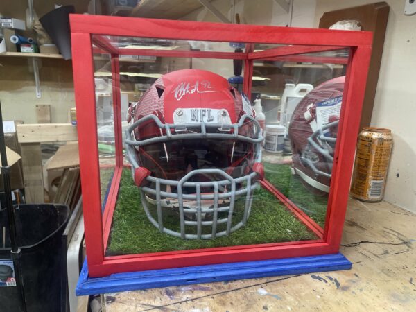 Custom handmade helmet display case with mirror, football memorabilia