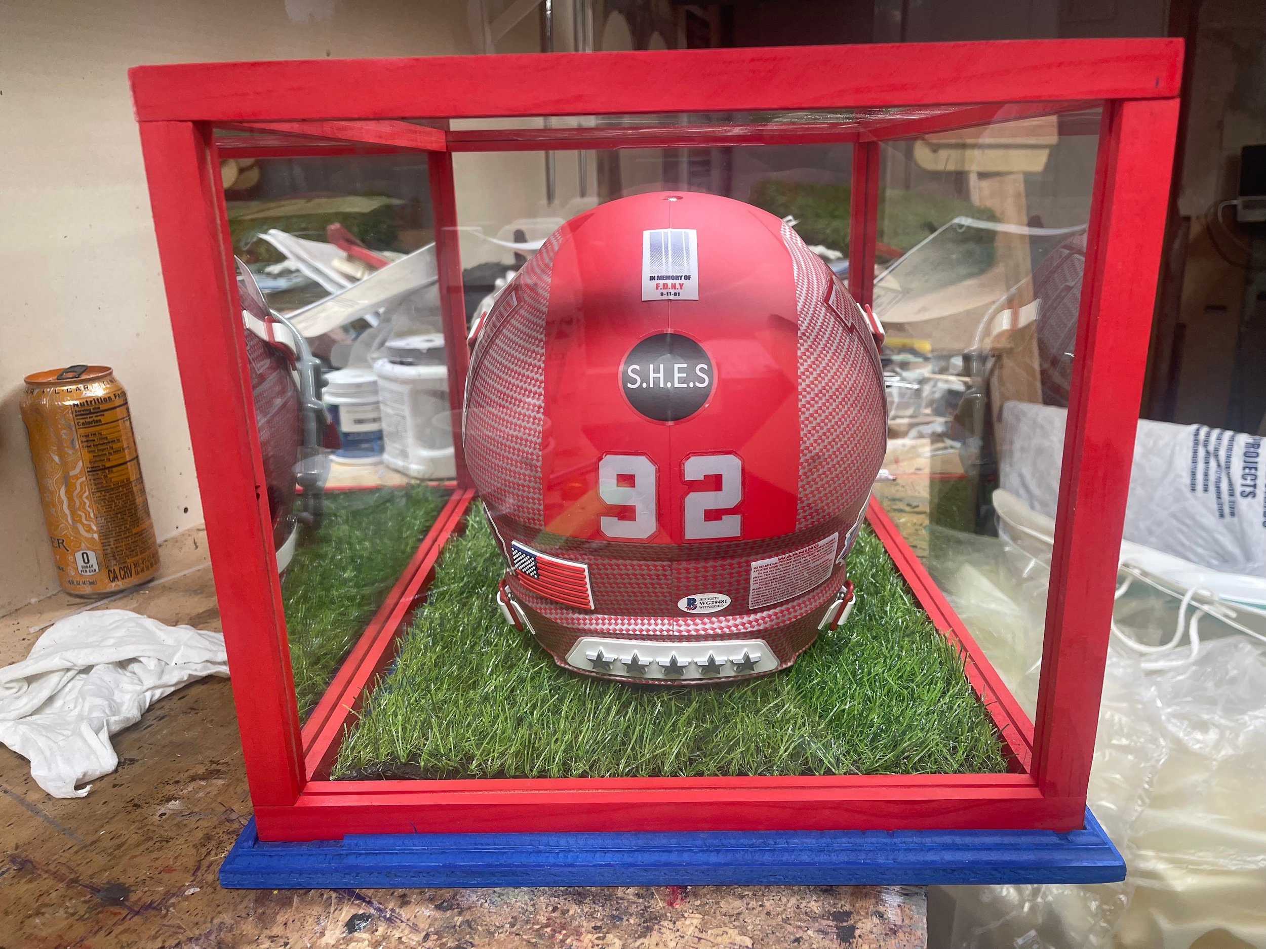 Custom handmade helmet display case with mirror, football memorabilia
