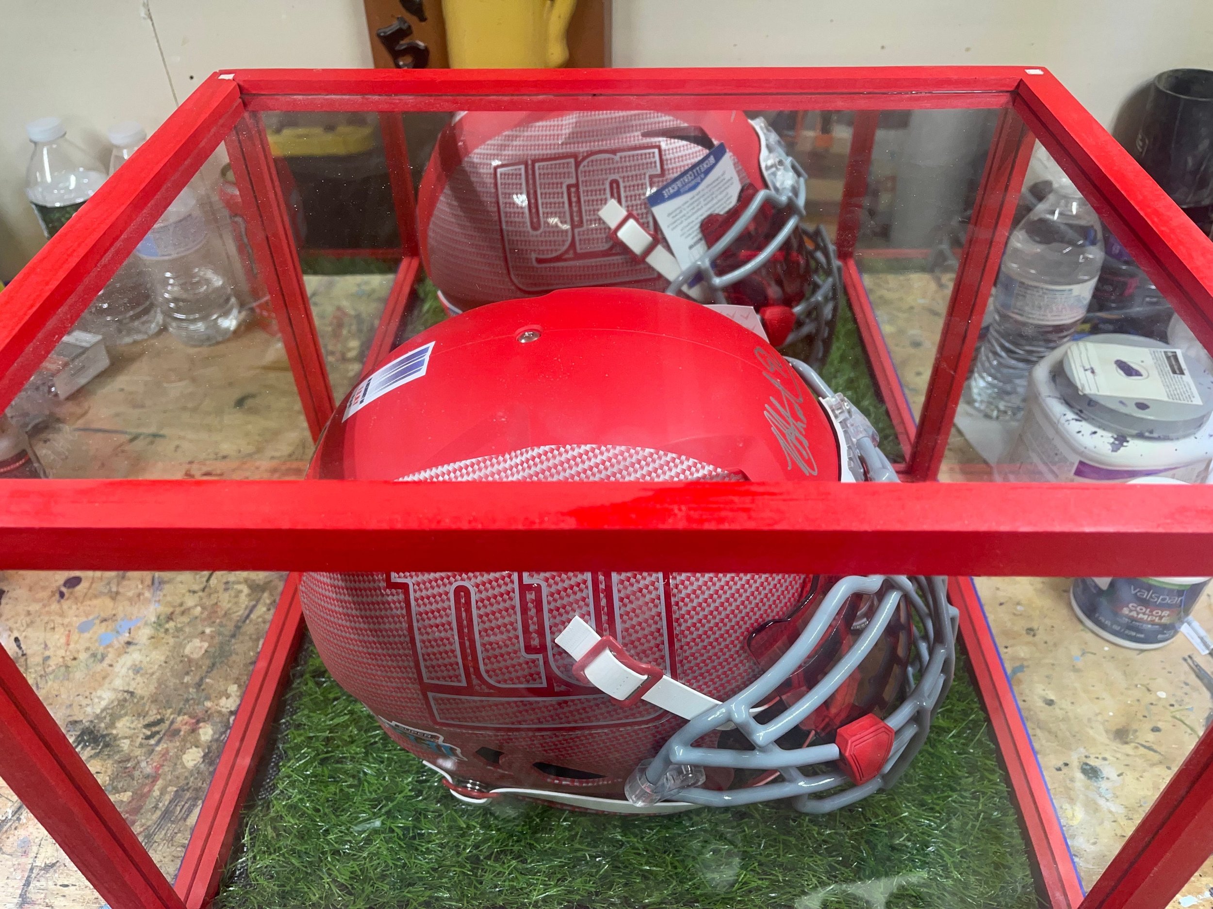 Custom handmade helmet display case with mirror, football memorabilia