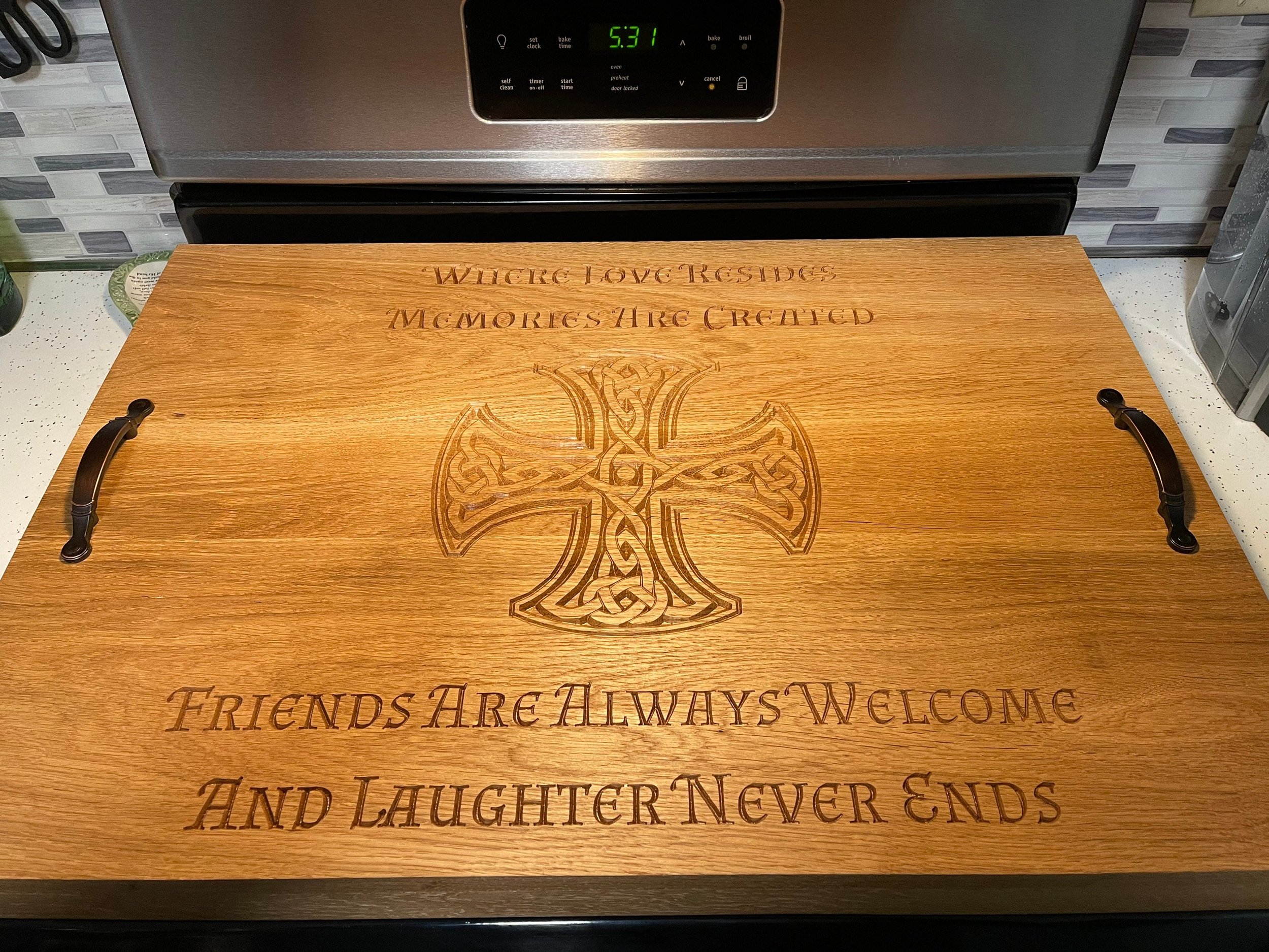 Handmade hardwood engraved stove cover/noodle board